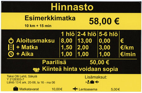 Taksi Olli Lehti hinnasto
